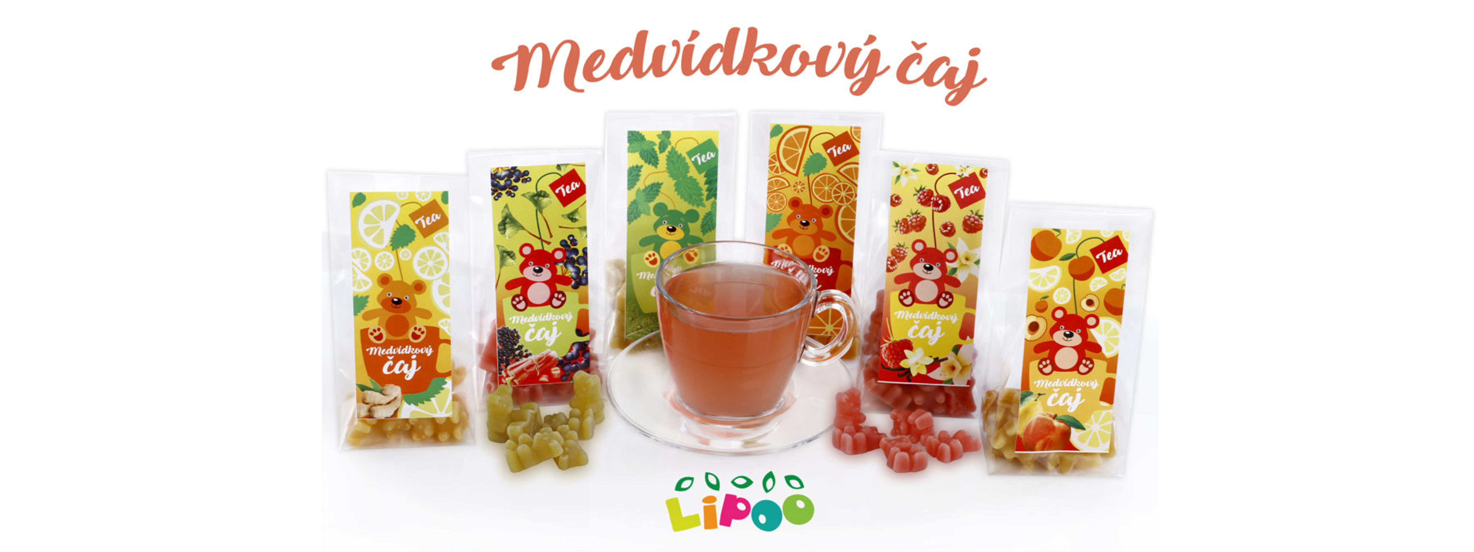 Medvedíkový čaj Lipoo – rôzne balenia s ovocnými príchuťami a pohárom hotového čaju